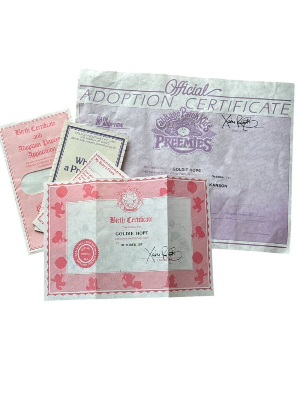 Cabbage Patch Kids Preemies Official Adoption Birth Certificates Goldie Hope Pap